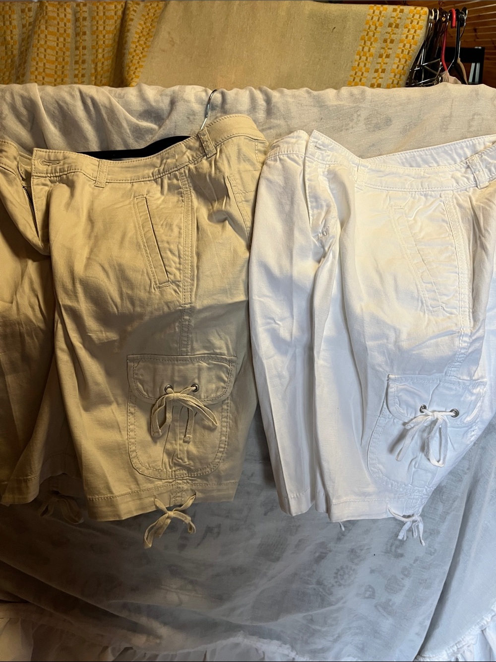Two Casual Drawstring Cargo Shorts - Cream & White size 6 waist is 15”